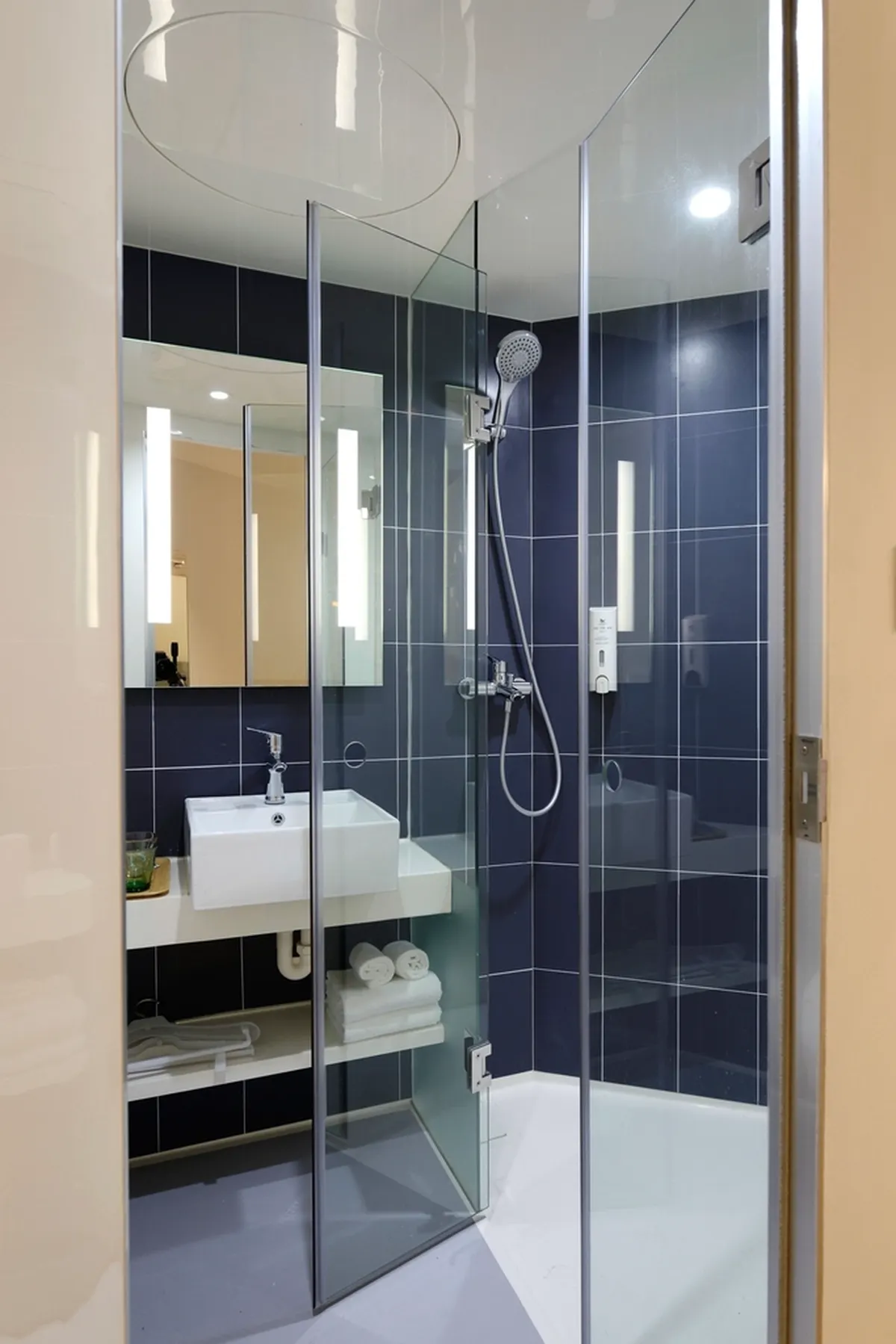 modern walk-in shower with dark tile