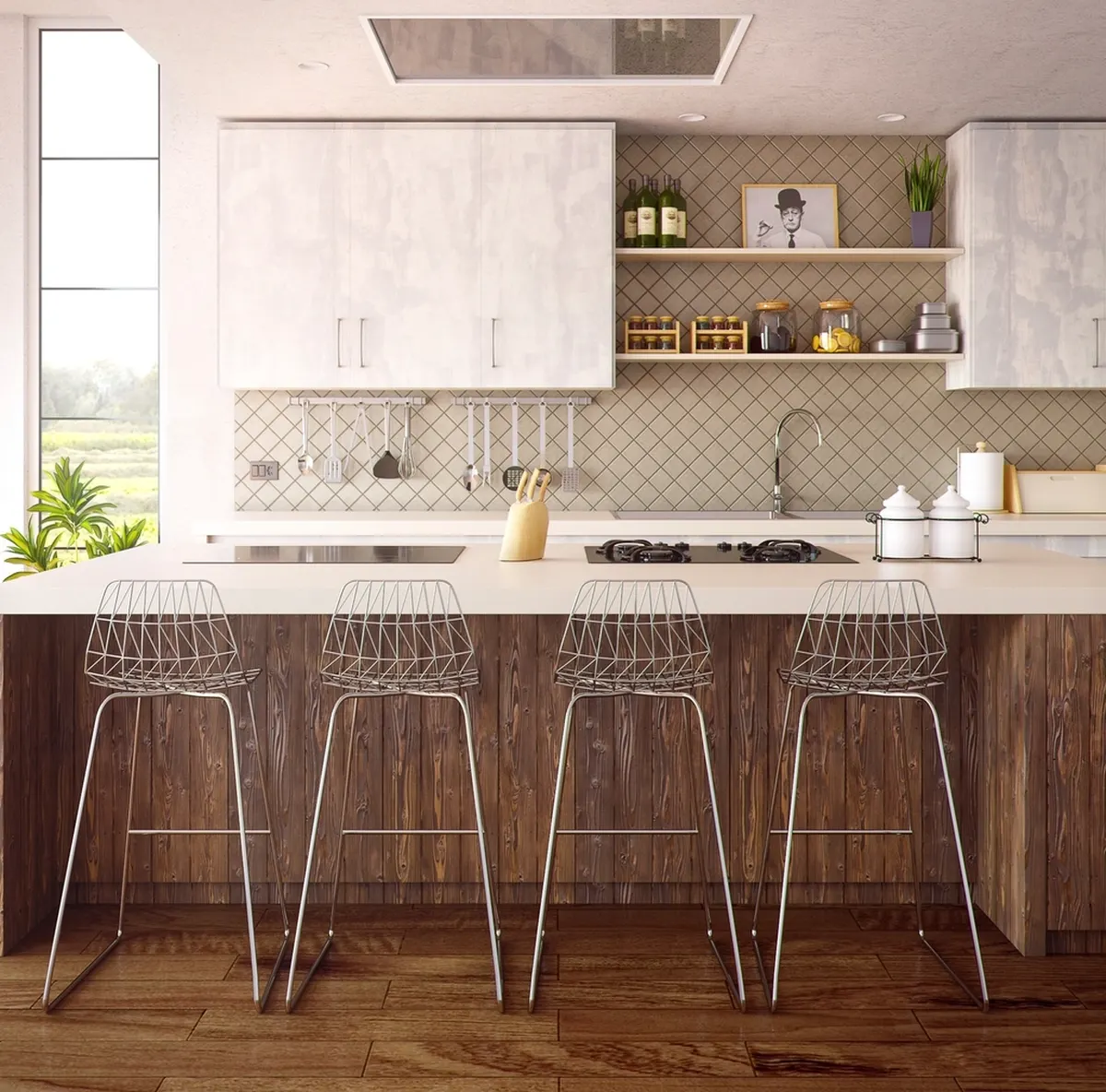 white kitchen with island and bar stools