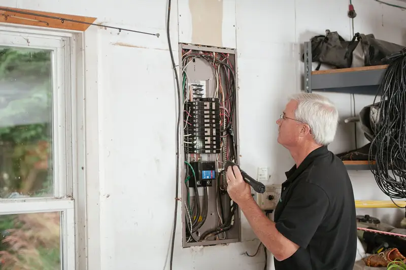 Electrician working on a residential breaker panel