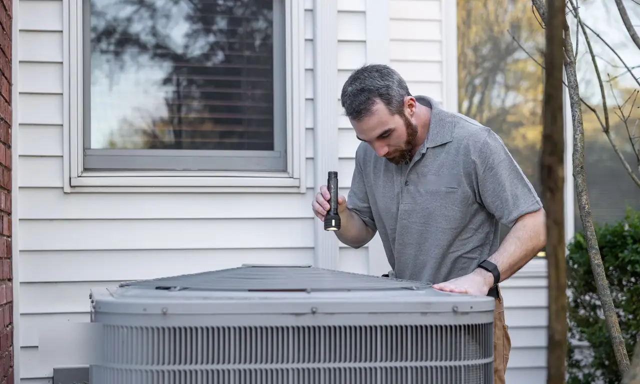 Harbor technician servicing an outdoor air conditioning unit beside a Naples home