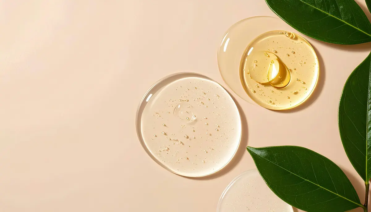 skincare serum drops and green leaves on a soft beige surface
