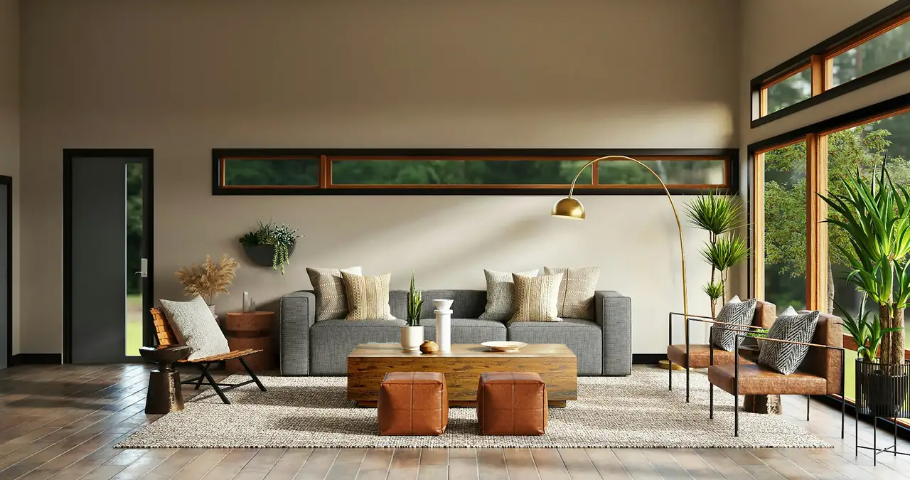 long, light-filled living room with warm leather chairs and floor-to-ceiling windows onto palms