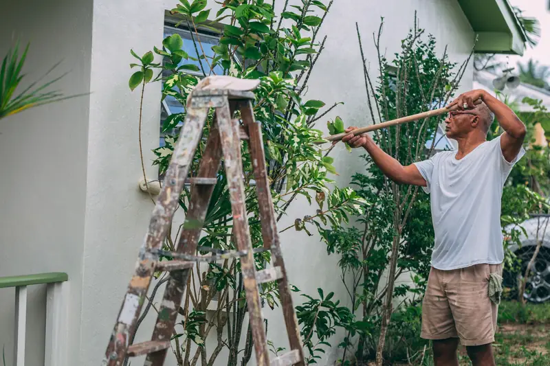Luis Delgado working on an exterior wall beside a ladder