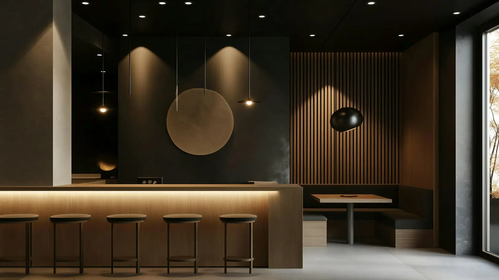 Dark lounge with a long timber bar and a round pendant, built by Kestrel