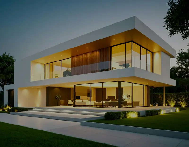 two-level modern home with floor-to-ceiling glass and wood-clad upper floor lit at night