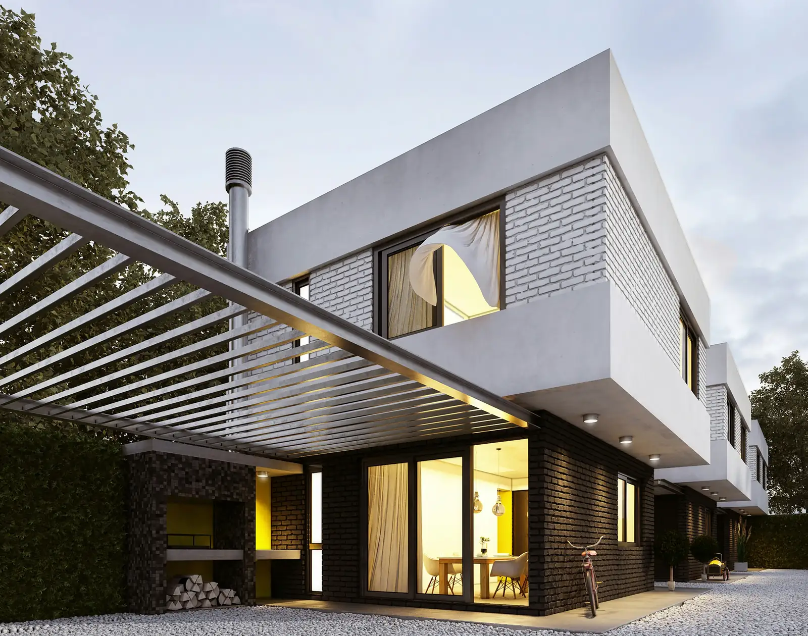 white modern residence with a slatted pergola and warm interior light at dusk