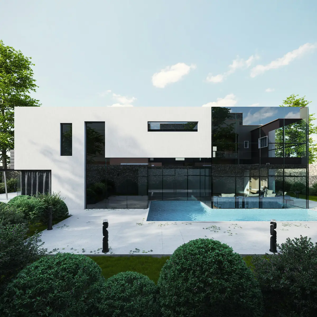 white box-form pool house with black glazing beside a rectangular pool