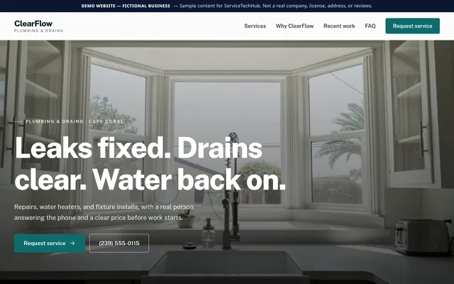 ClearFlow Plumbing design preview (fictional business)
