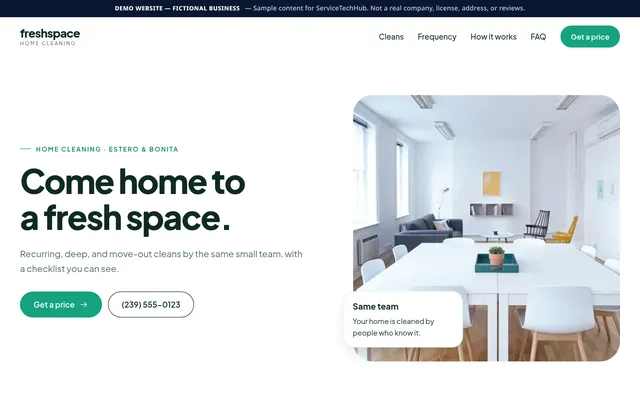 Freshspace Cleaning design preview (fictional business)