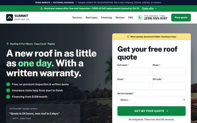 Quote-First Landing design preview (fictional business)
